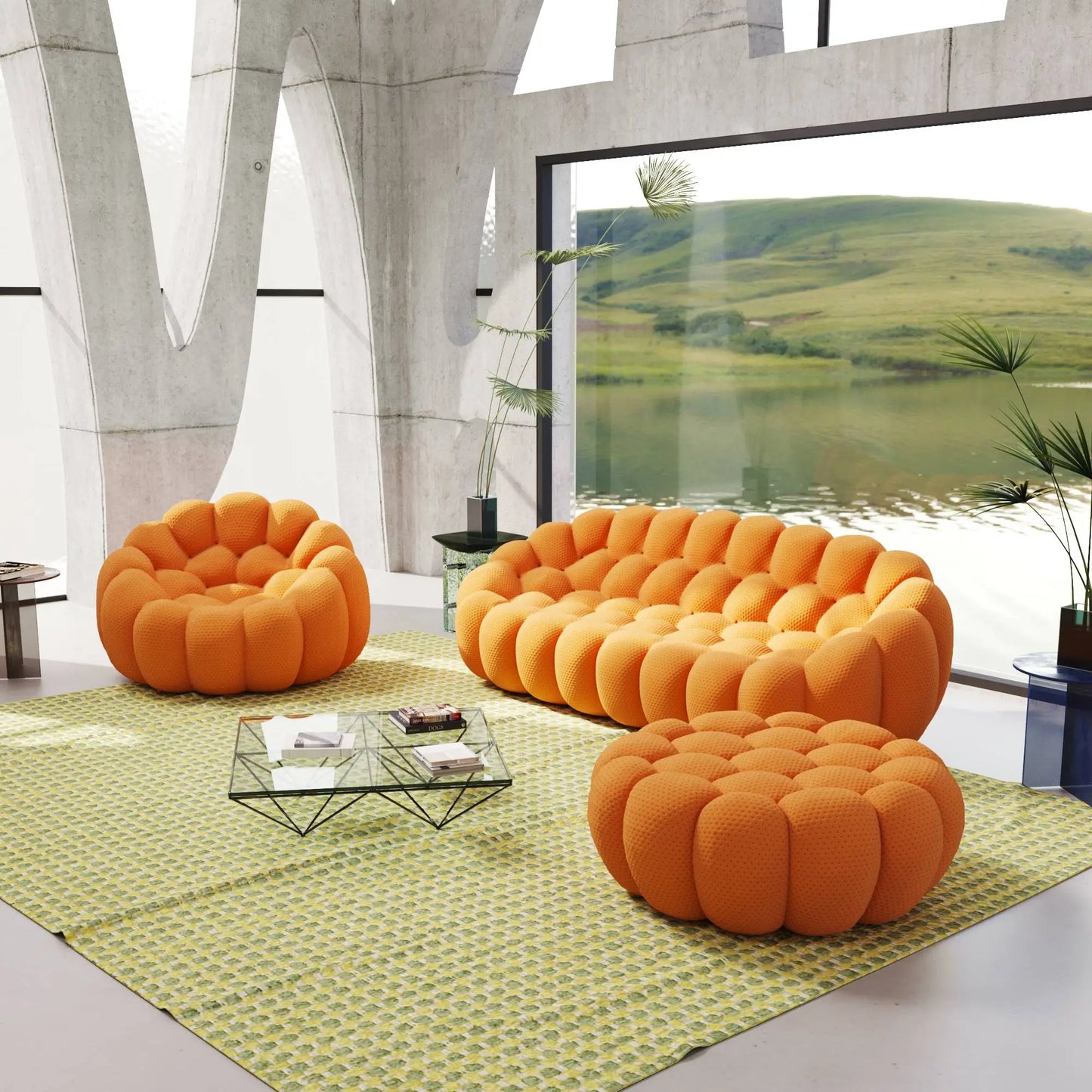 Bubble Couch Modular Sofa 3-Seater Leisure Set 3D-Knitted Fabric - Orange