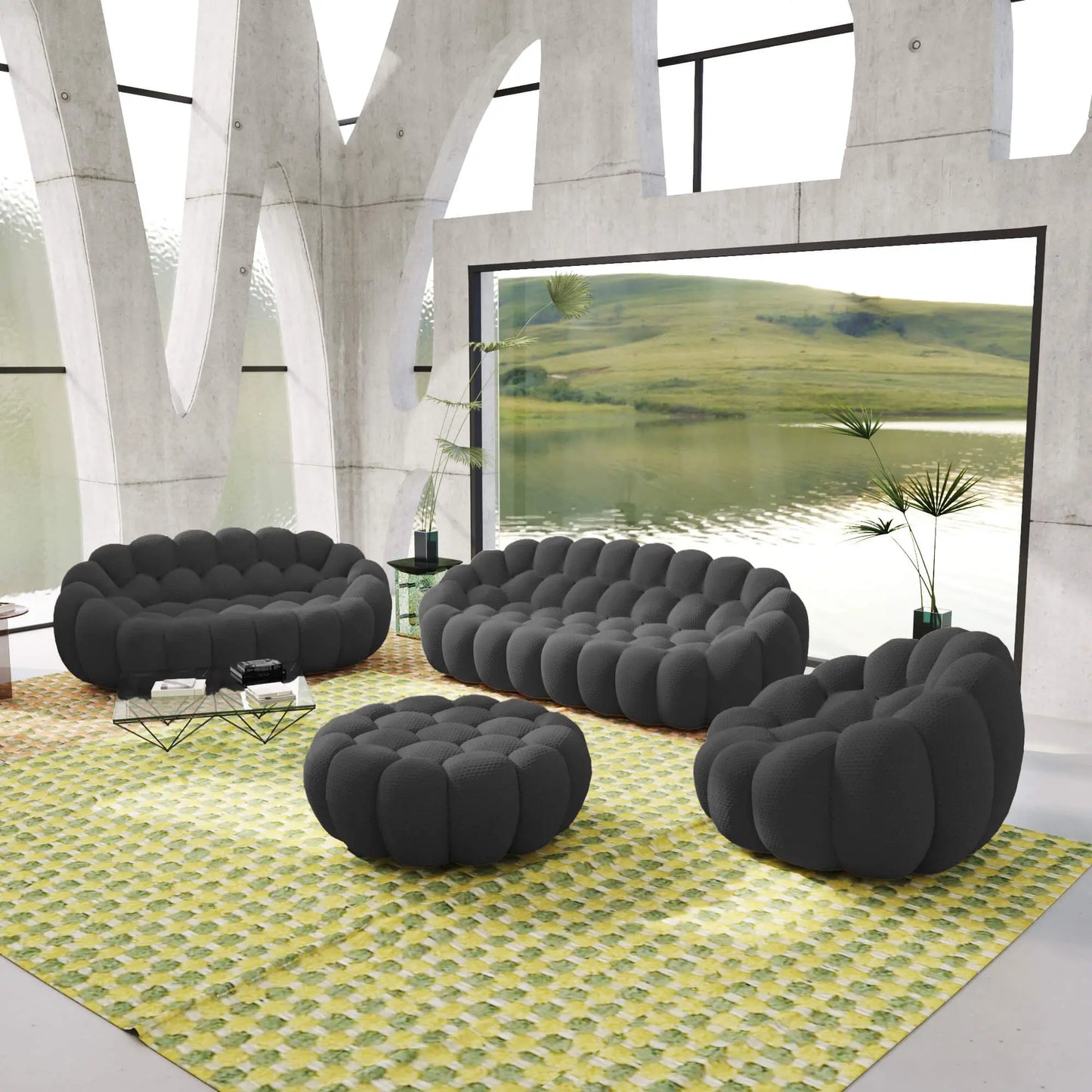 Bubble Couch Modular Sofa 4-Pieces Leisure Set 3D-Knitted Fabric - Grey
