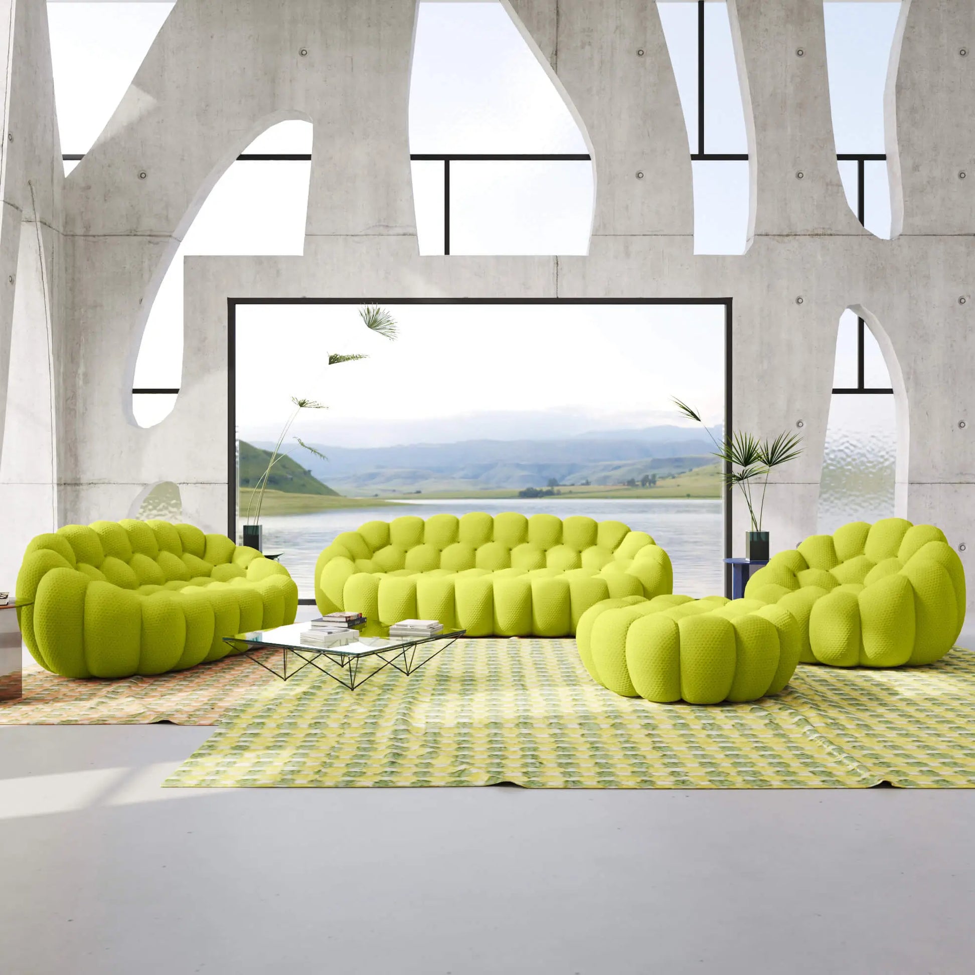 Bubble Couch Modular Sofa 4-Pieces Leisure Set 3D-Knitted Fabric - Lime Green