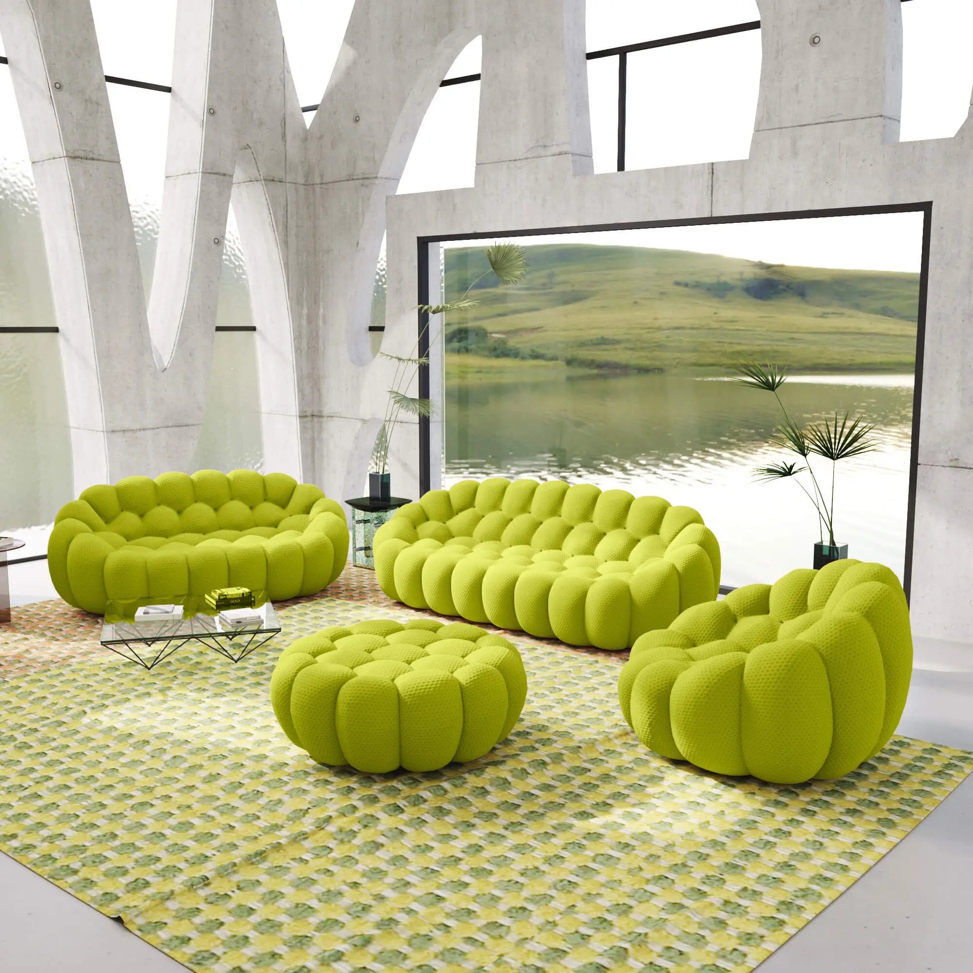 Bubble Couch Modular Sofa 4-Pieces Leisure Set 3D-Knitted Fabric - Lime Green