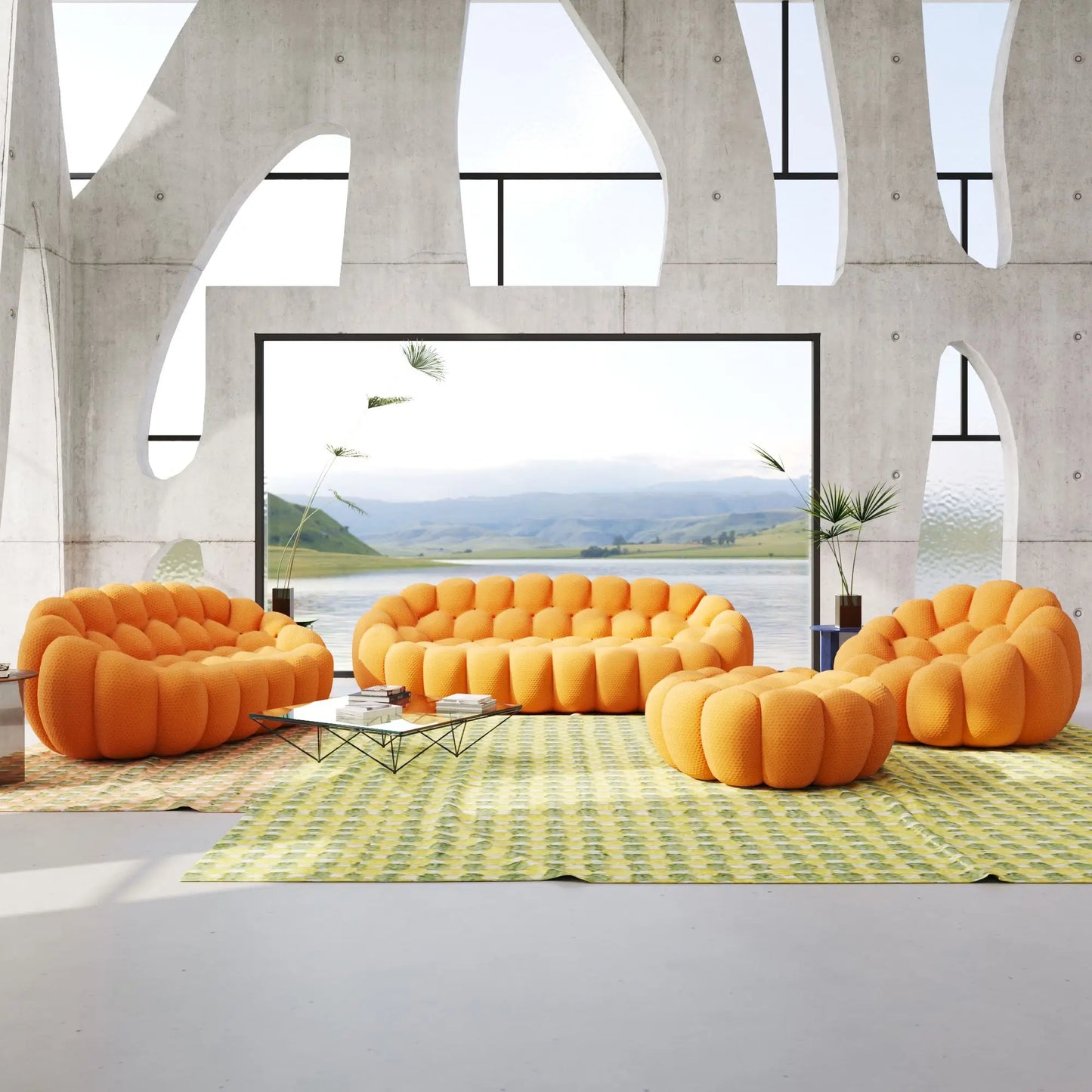 Bubble Couch Modular Sofa 4-Pieces Leisure Set 3D-Knitted Fabric - Orange