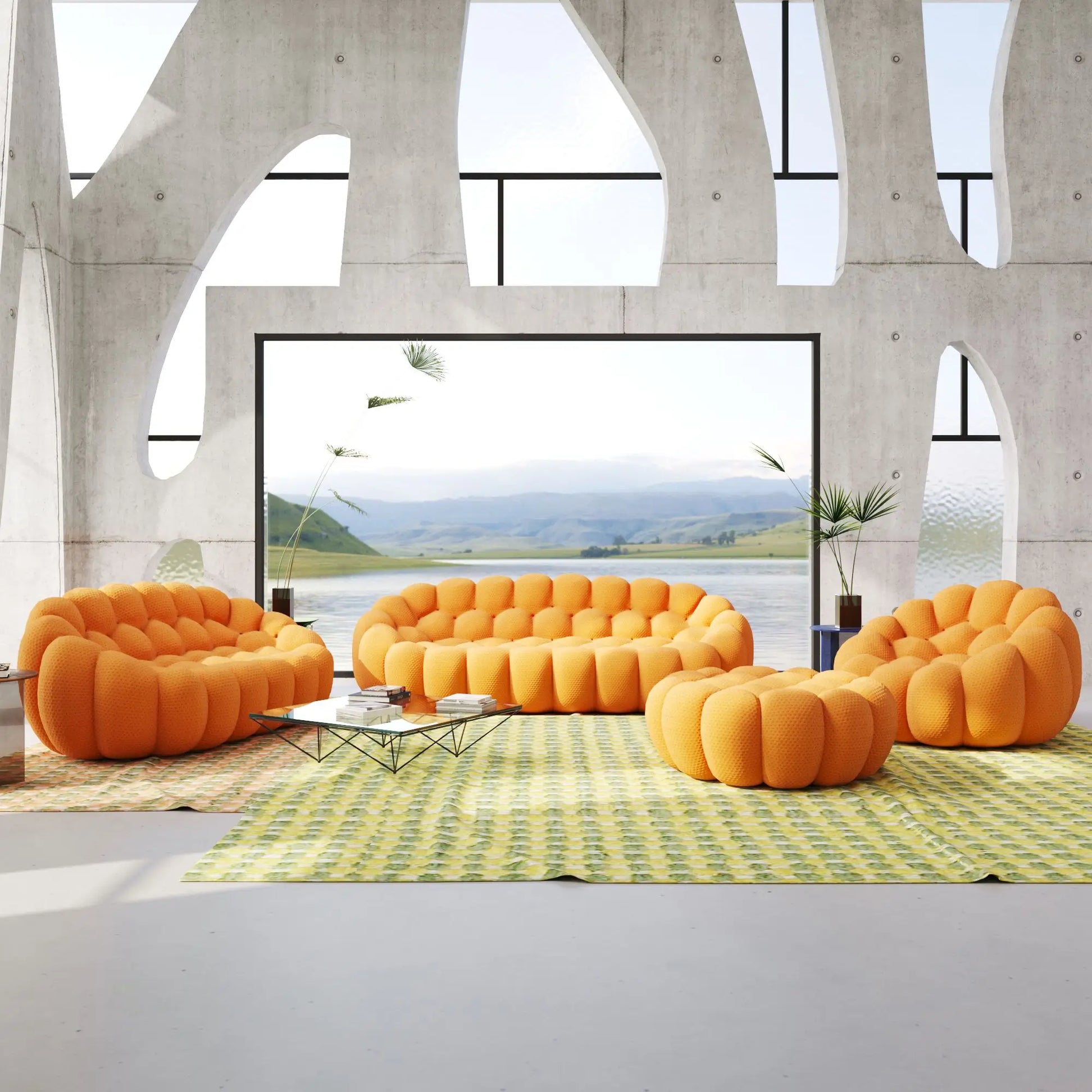 Bubble Couch Modular Sofa 4-Pieces Leisure Set 3D-Knitted Fabric - Orange