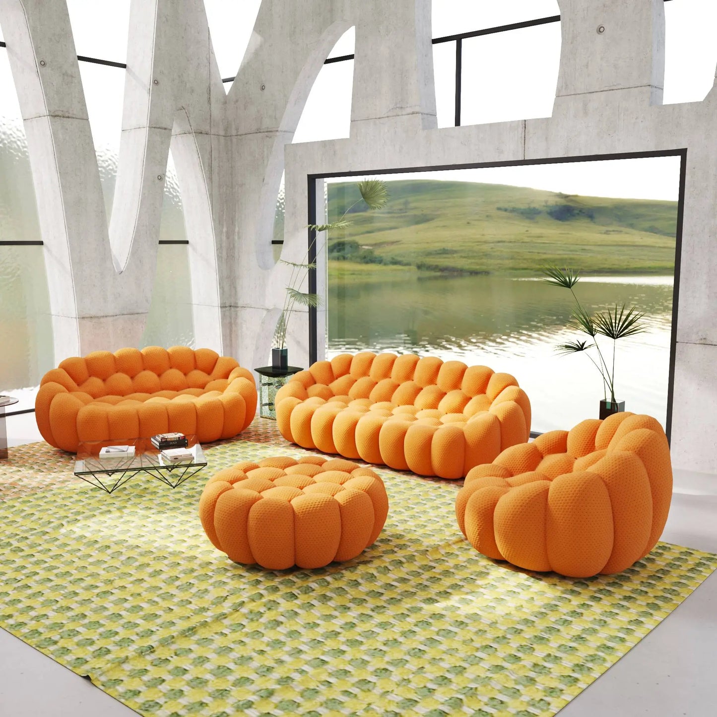 Bubble Couch Modular Sofa 4-Pieces Leisure Set 3D-Knitted Fabric - Orange