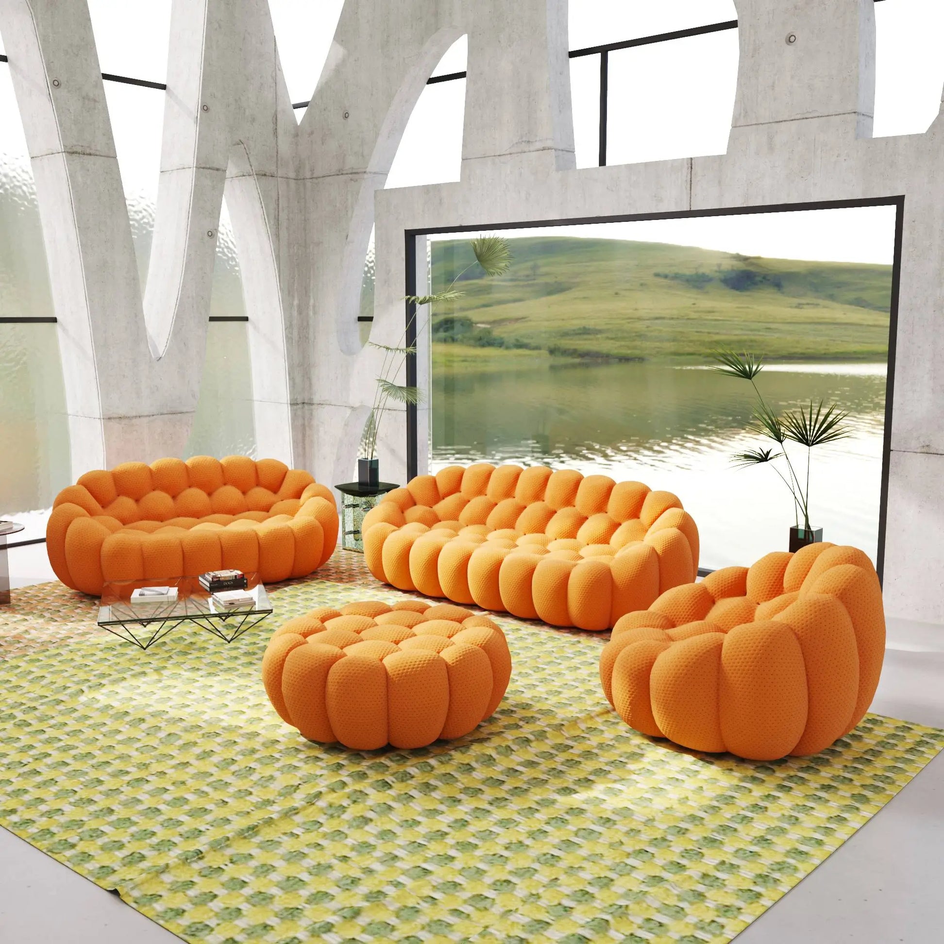 Bubble Couch Modular Sofa 4-Pieces Leisure Set 3D-Knitted Fabric - Orange
