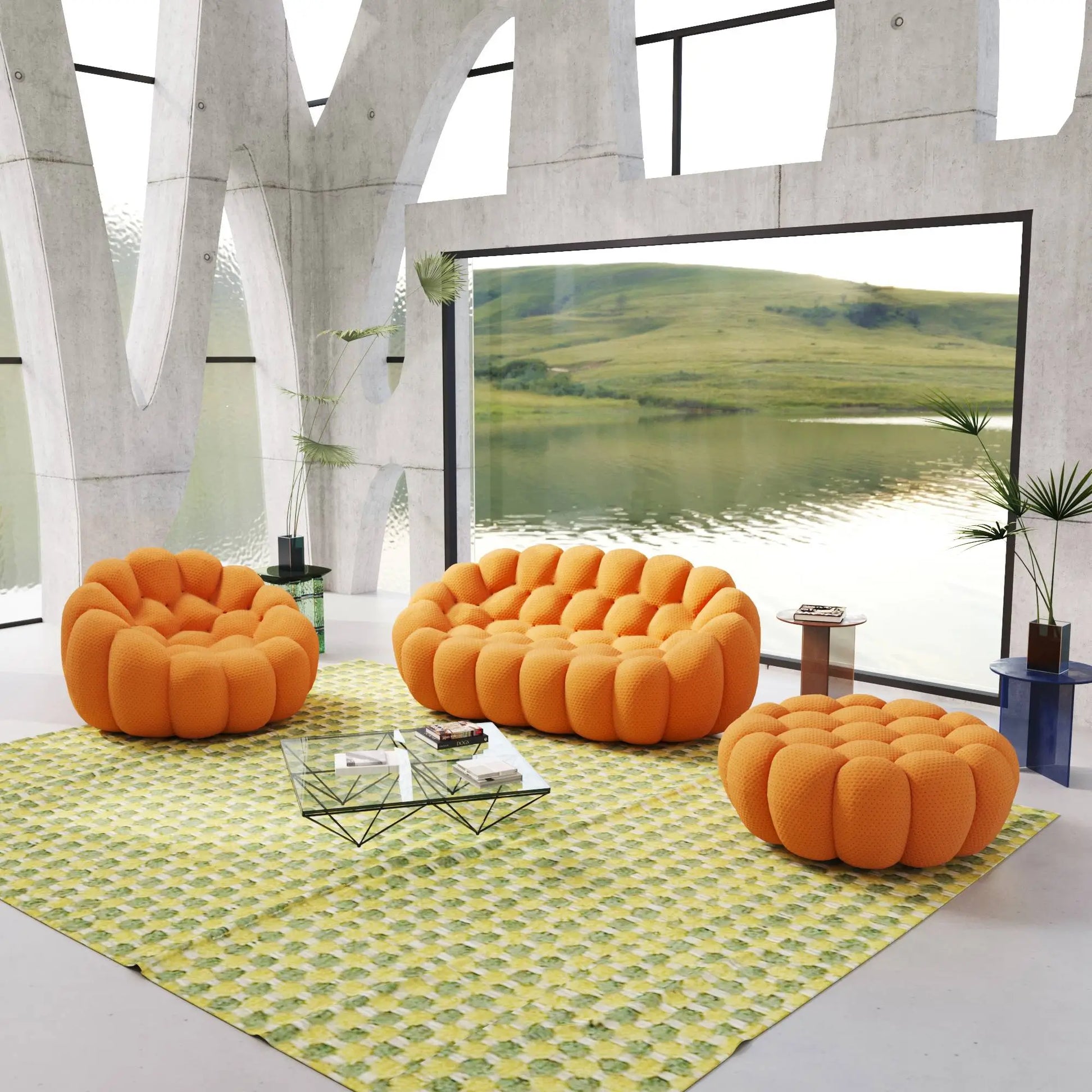 Bubble Couch Modular Sofa Lazy 3-Piece Set 3D-Knitted Fabric - Orange