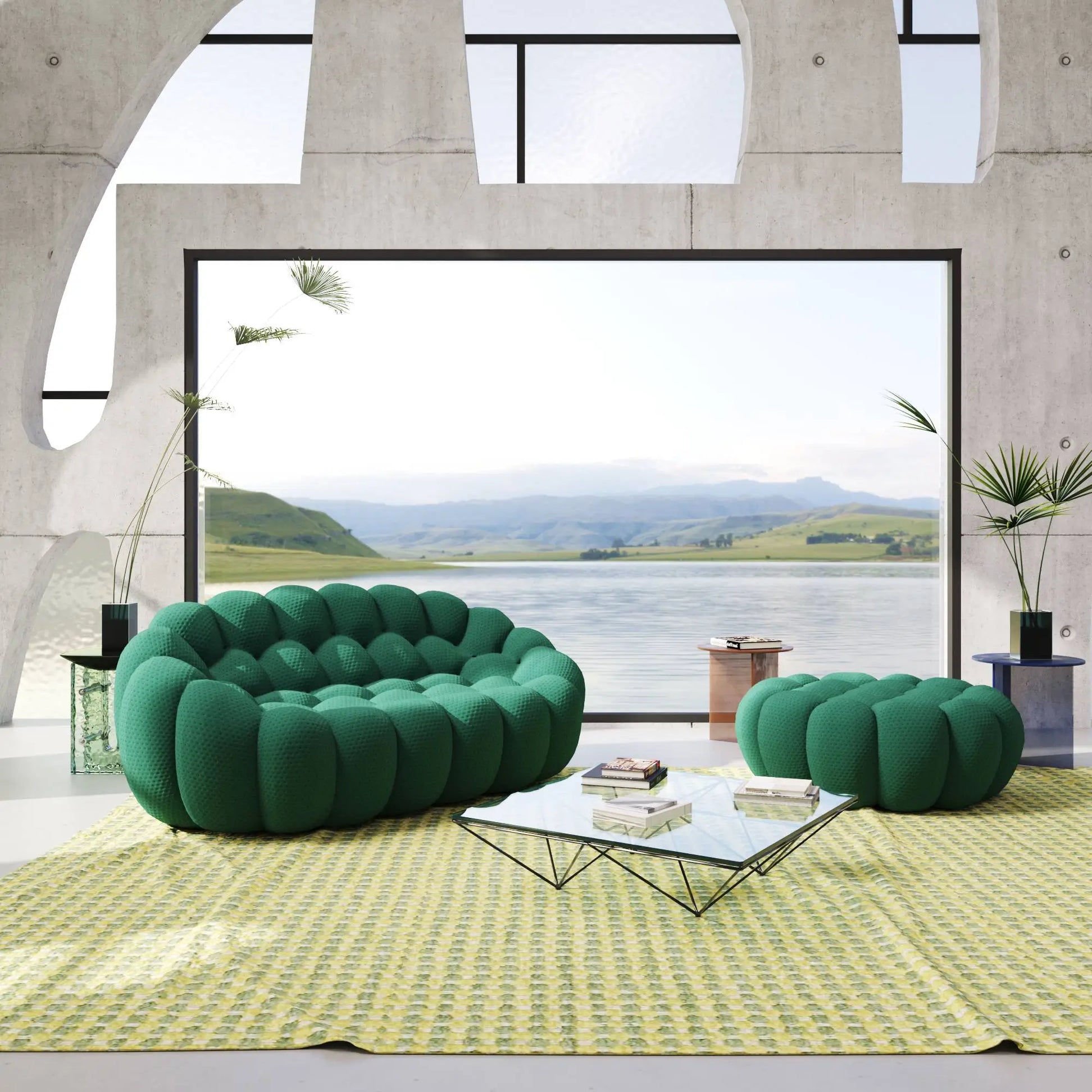 Bubble Couch Modular Sofa Loveseat with 1 Ottoman 3D-Knitted Fabric - Green