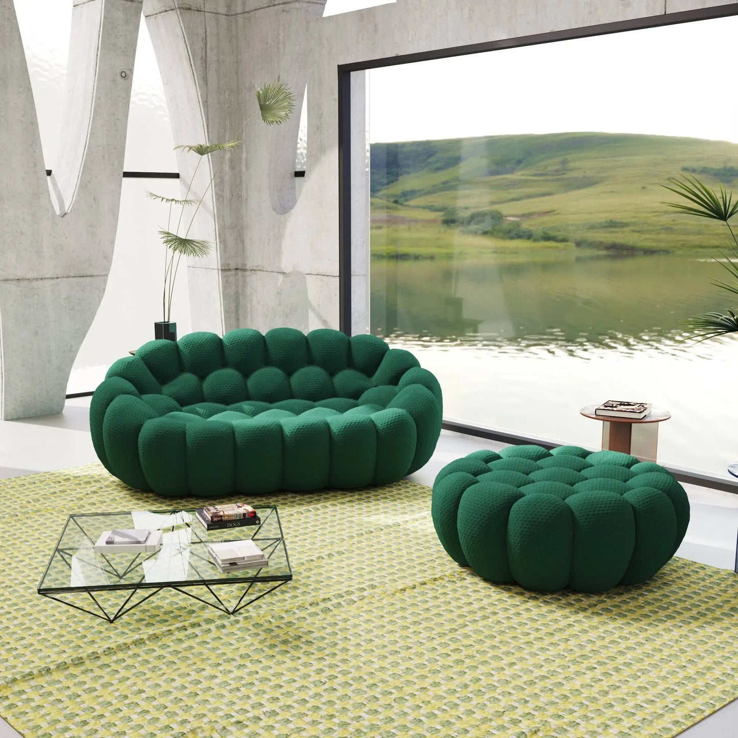 Bubble Couch Modular Sofa Loveseat with 1 Ottoman 3D-Knitted Fabric - Green