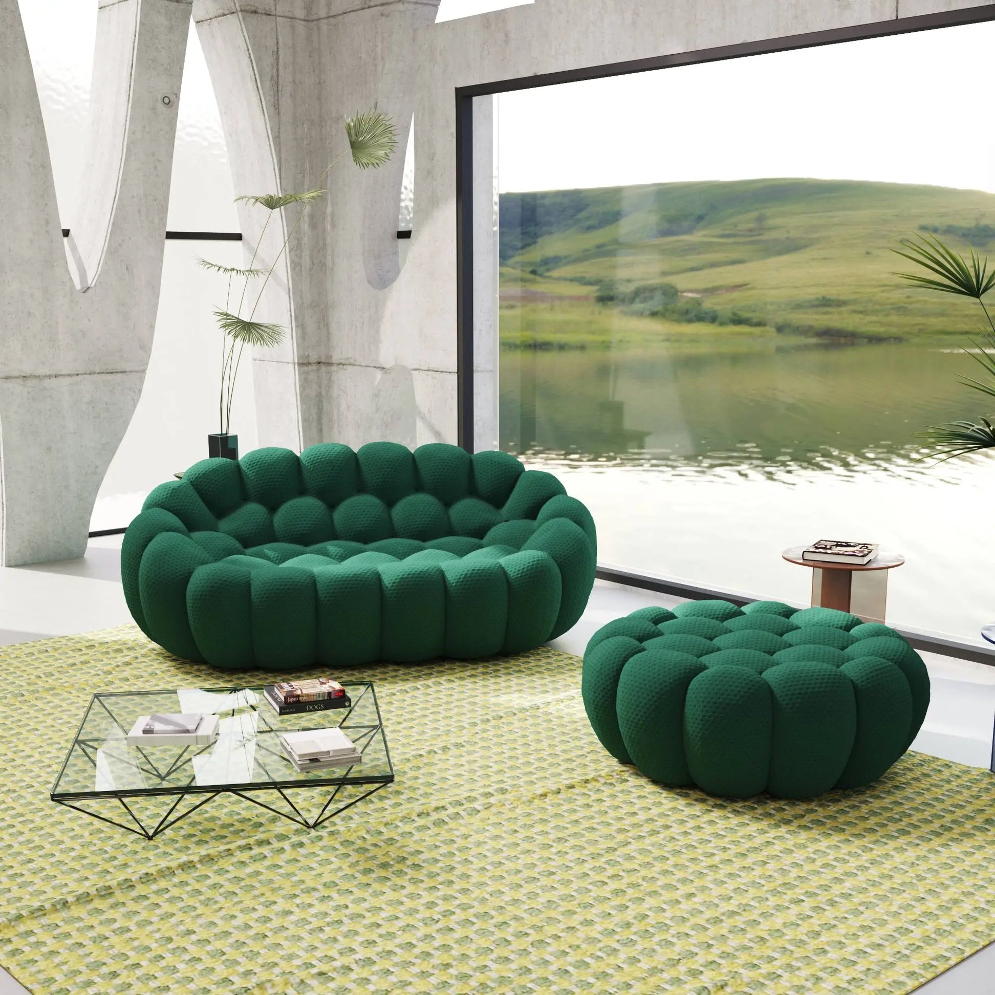 Bubble Couch Modular Sofa Loveseat with 1 Ottoman 3D-Knitted Fabric - Green