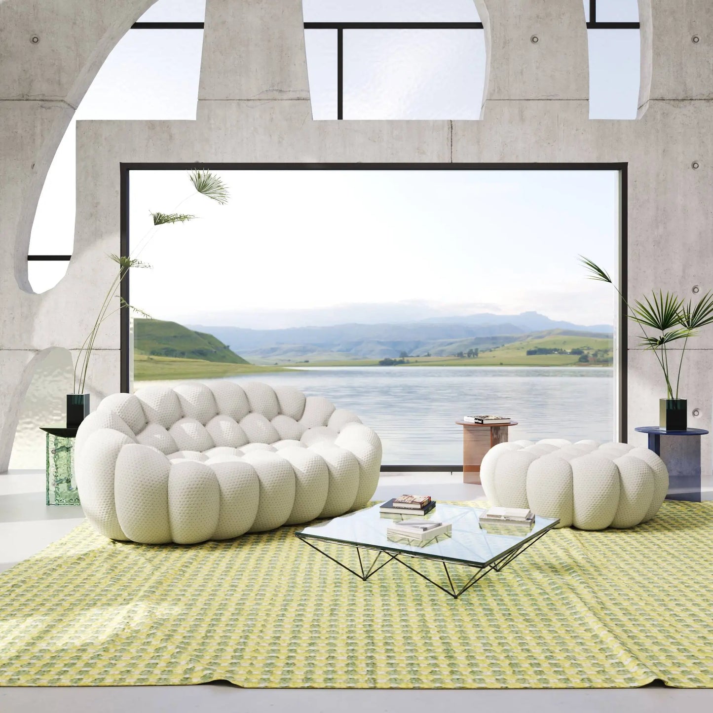 Bubble Couch Modular Sofa Loveseat with 1 Ottoman 3D-Knitted Fabric - Light Grey
