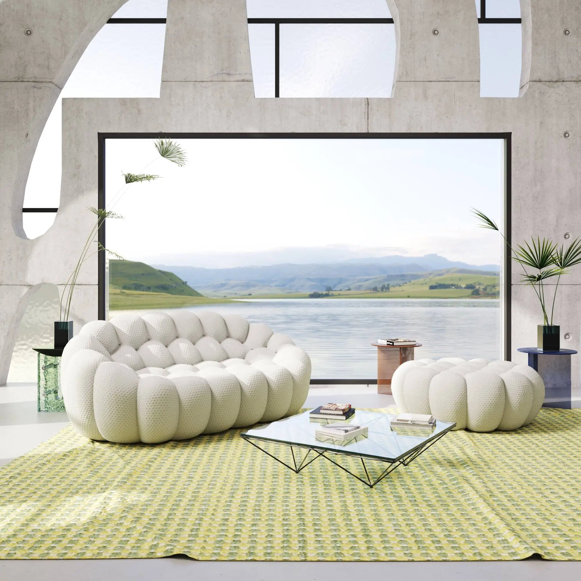 Bubble Couch Modular Sofa Loveseat with 1 Ottoman 3D-Knitted Fabric - Light Grey