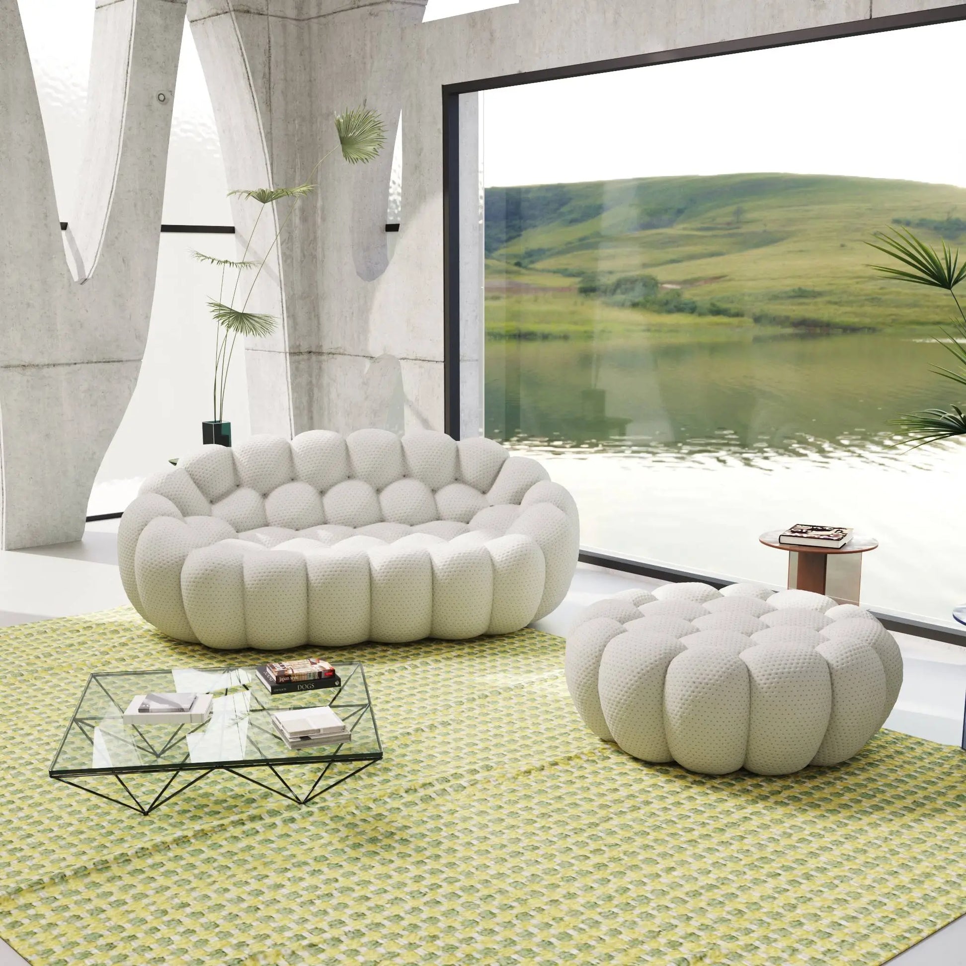 Bubble Couch Modular Sofa Loveseat with 1 Ottoman 3D-Knitted Fabric - Light Grey