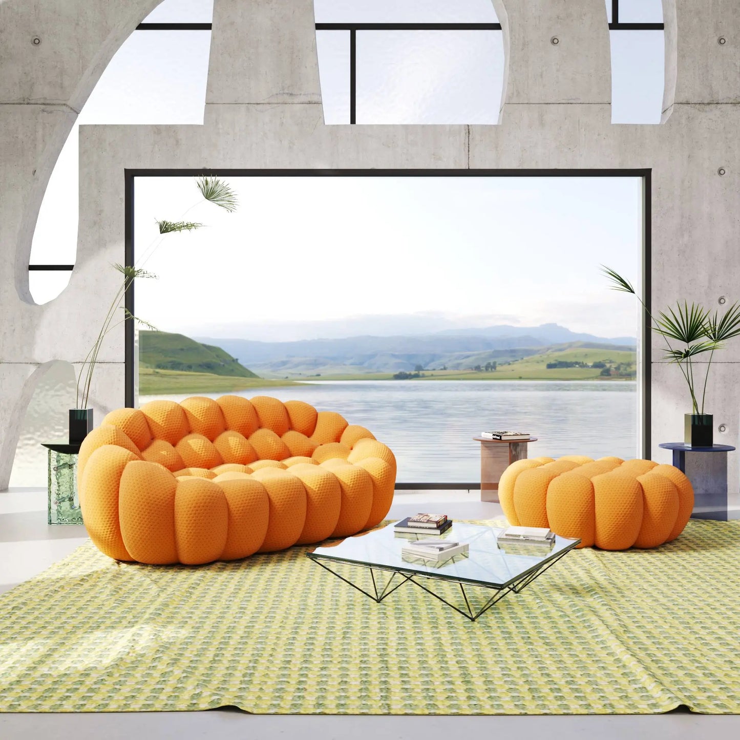 Bubble Couch Modular Sofa Loveseat with 1 Ottoman 3D-Knitted Fabric - Orange