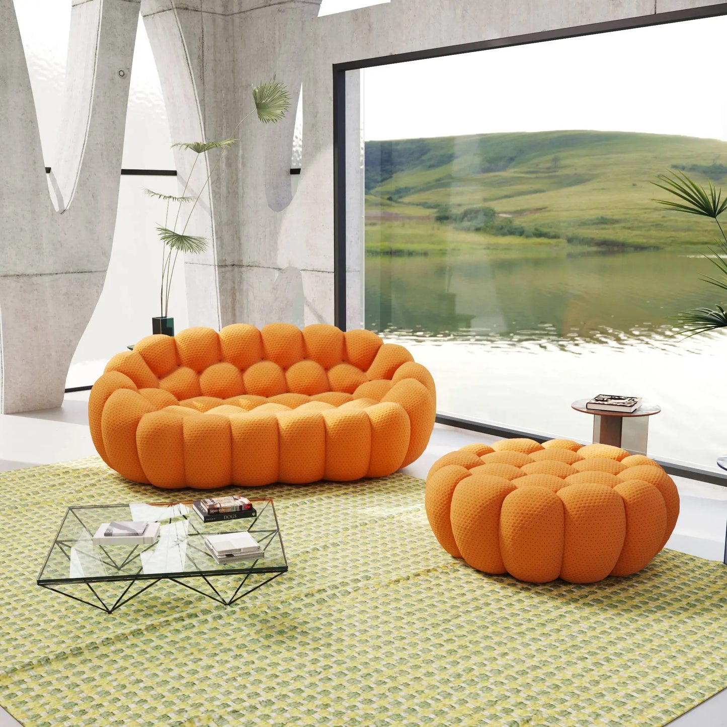 Bubble Couch Modular Sofa Loveseat with 1 Ottoman 3D-Knitted Fabric - Orange