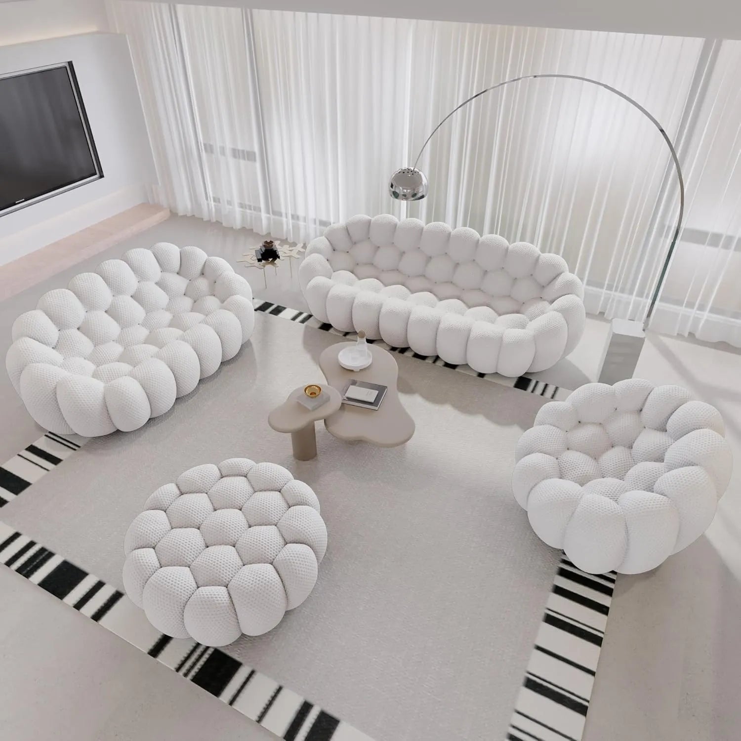 Signature Armless Boneless Couches | 4-Piece 3D-Knitted Light Grey Ocean-Inspired Curves Sofa Sets 6-seaters with 1-Ottomans