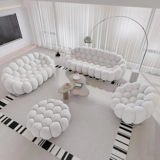 Signature Armless Boneless Couches | 4-Piece 3D-Knitted Light Grey Ocean-Inspired Curves Sofa Sets 6-seaters with 1-Ottomans