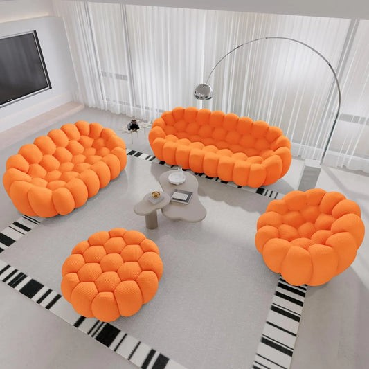 Signature Armless Boneless Couches | 4-Piece 3D-Knitted Orange Organic Design Sofa Sets 6-seaters with 1-Ottomans