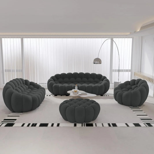 Signature Armless Boneless Couches | 4-Piece 3D-Knitted Grey Ocean-Inspired Curves Sofa Sets 6-seaters with 1-Ottomans