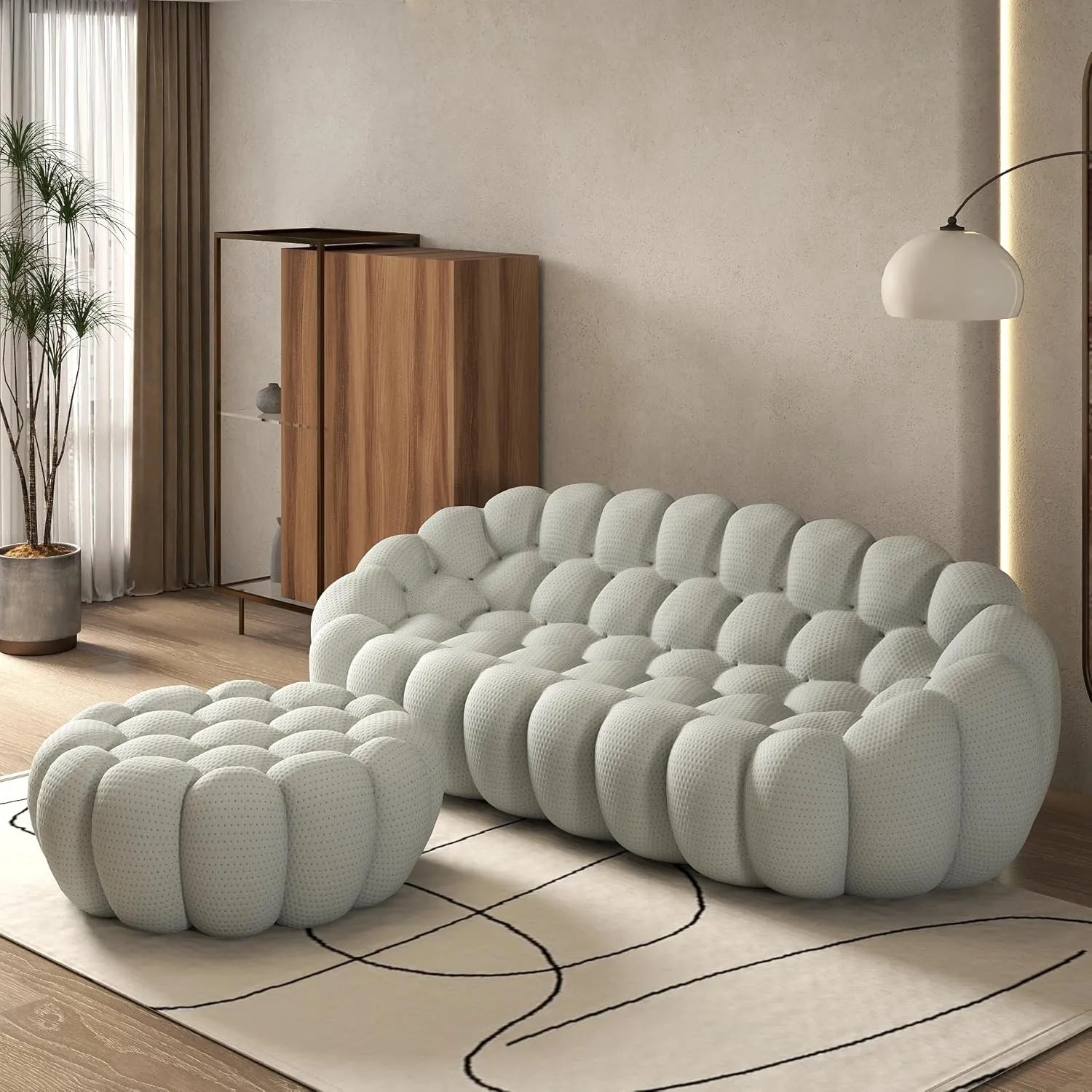 Signature Armless Boneless Couches | 2-Piece 3D-Knitted Light Grey Flowing Organic Shape Sofa Sets 3-seaters with 1-Ottomans