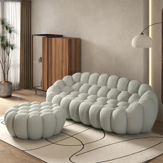 Signature Armless Boneless Couches | 2-Piece 3D-Knitted Light Grey Flowing Organic Shape Sofa Sets 3-seaters with 1-Ottomans