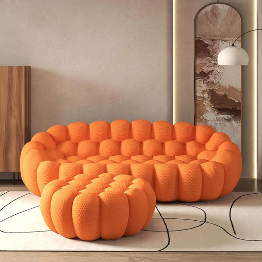 Signature Armless Boneless Couches | 2-Piece 3D-Knitted Orange Soft Cool And Stretchy Sofa Sets 3-seaters with 1-Ottomans