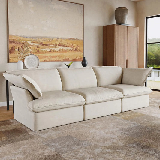Premium Linen Cloud Sectional Couches | 3-Piece Linen Beige Neutral Silhouette Couch Sectionals 3-seaters
