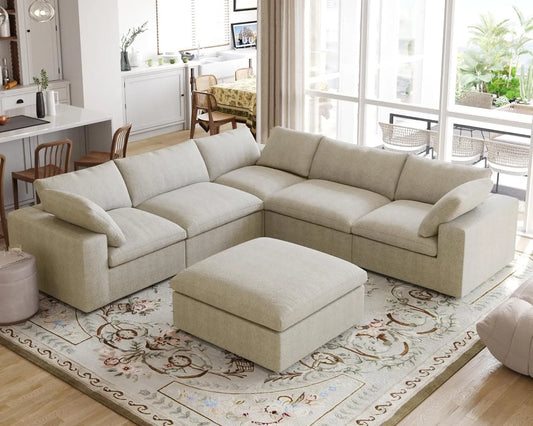 Premium Luxe Cloud Sectional Couches | 6-Piece Linen Khaki Wash The Covers Sofa Sets 5-seaters with 1-Ottomans