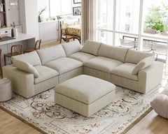 Premium Luxe Cloud Sectional Couches | 6-Piece Linen Khaki Wash The Covers Sofa Sets 5-seaters with 1-Ottomans