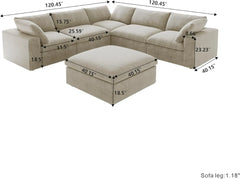 Premium Luxe Cloud Sectional Couches | 6-Piece Linen Khaki Wash The Covers Sofa Sets 5-seaters with 1-Ottomans