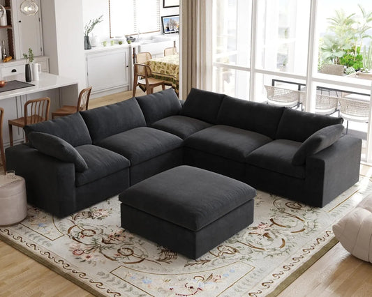 Premium Luxe Cloud Sectional Couches | 6-Piece Linen Black Durable Linen Fabric Sofa Sets 5-seaters with 1-Ottomans