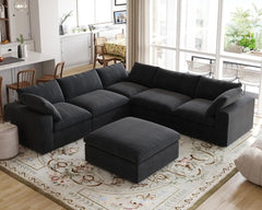Premium Luxe Cloud Sectional Couches | 6-Piece Linen Black Durable Linen Fabric Sofa Sets 5-seaters with 1-Ottomans