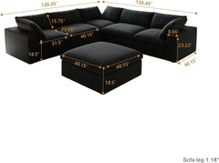 Premium Luxe Cloud Sectional Couches | 6-Piece Linen Black Durable Linen Fabric Sofa Sets 5-seaters with 1-Ottomans