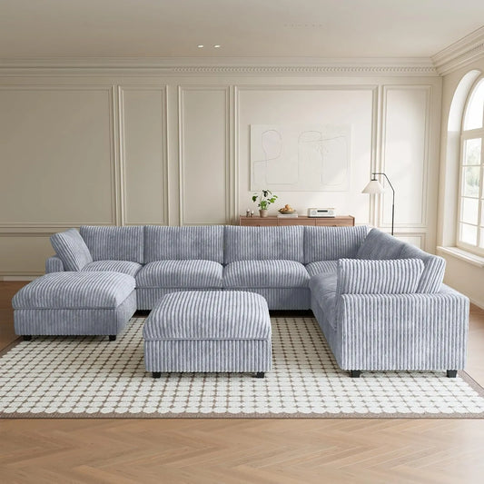 Premium Classic Cloud Sectional Couches | 8-Piece Plush Fabric Light Grey A Big Friendly Sofa Sofa Sets 6-seaters with 2-Ottomans