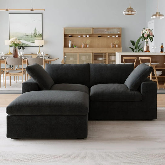 Premium Luxe Cloud Sectional Couches | 3-Piece Linen Black Highly Modular Design Chaise Sectionals 2-seaters with 1-Ottomans