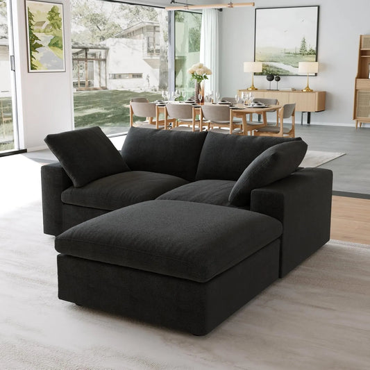 Premium Luxe Cloud Sectional Couches | 3-Piece Linen Black Highly Modular Design Chaise Sectionals 2-seaters with 1-Ottomans