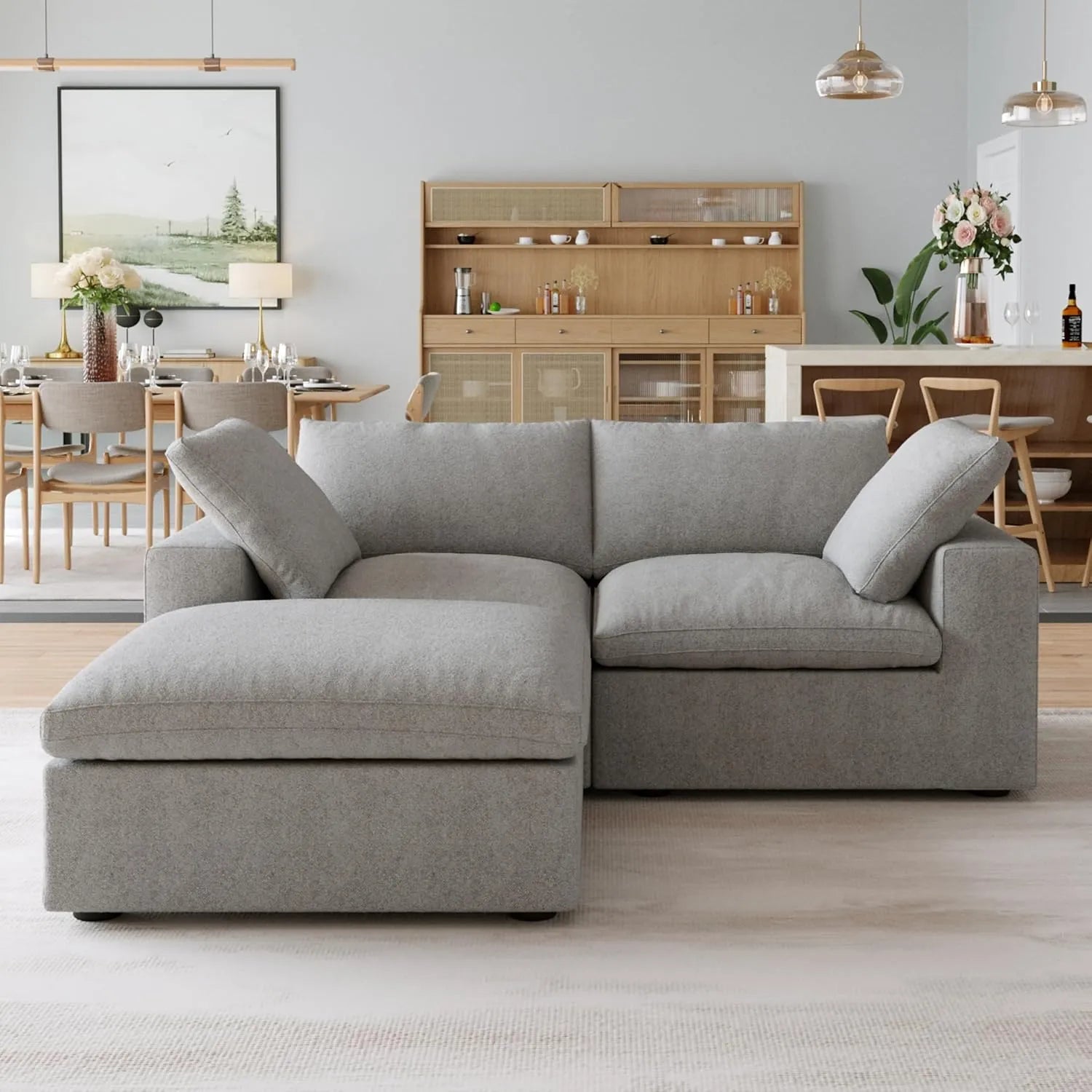 Premium Luxe Cloud Sectional Couches | 3-Piece Linen Light Grey Modular Design Chaise Sectionals 2-seaters with 1-Ottomans