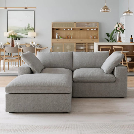Premium Luxe Cloud Sectional Couches | 3-Piece Linen Light Grey Modular Design Chaise Sectionals 2-seaters with 1-Ottomans