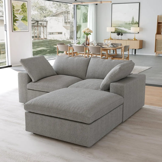 Premium Luxe Cloud Sectional Couches | 3-Piece Linen Light Grey Modular Design Chaise Sectionals 2-seaters with 1-Ottomans