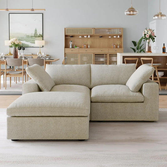 Premium Luxe Cloud Sectional Couches | 3-Piece Linen Khaki Wash The Covers Chaise Sectionals 2-seaters with 1-Ottomans
