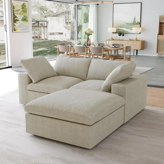 Premium Luxe Cloud Sectional Couches | 3-Piece Linen Khaki Wash The Covers Chaise Sectionals 2-seaters with 1-Ottomans