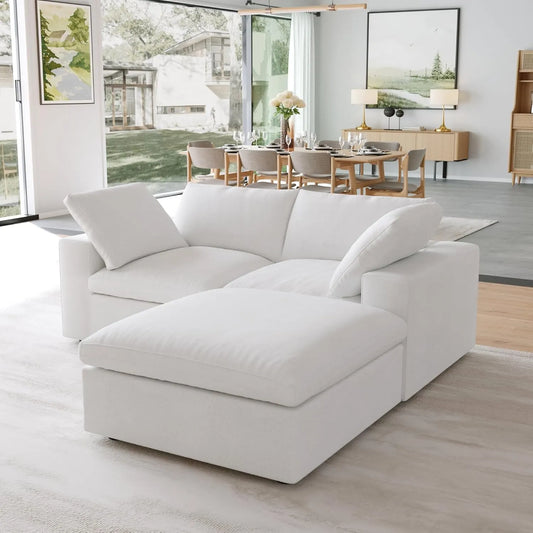 Premium Luxe Cloud Sectional Couches | 3-Piece Linen White Covers Come Off Chaise Sectionals 2-seaters with 1-Ottomans