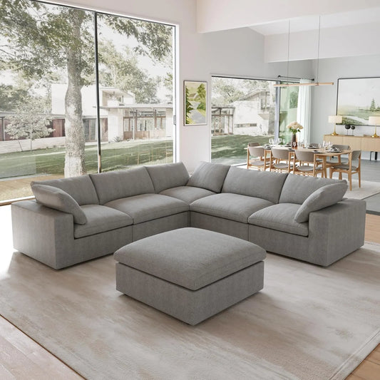 Premium Luxe Cloud Sectional Couches | 6-Piece Linen Light Grey Durable Linen Fabric Sofa Sets 5-seaters with 1-Ottomans