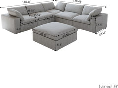 Premium Luxe Cloud Sectional Couches | 6-Piece Linen Light Grey Durable Linen Fabric Sofa Sets 5-seaters with 1-Ottomans