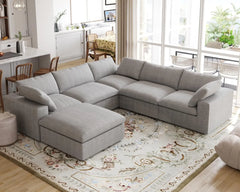Premium Luxe Cloud Sectional Couches | 6-Piece Linen Light Grey Durable Linen Fabric Sofa Sets 5-seaters with 1-Ottomans
