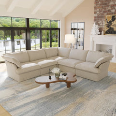 Premium Linen Cloud Sectional Couches | 5-Piece Linen Beige Rich Beautiful Fabric V-Shaped Sectionals 5-seaters