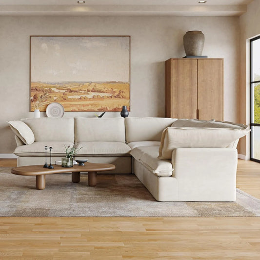 Premium Linen Cloud Sectional Couches | 5-Piece Linen Beige Rich Beautiful Fabric V-Shaped Sectionals 5-seaters