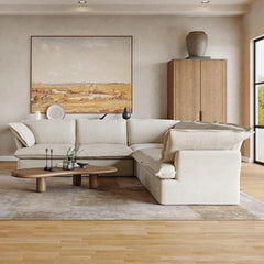 Premium Linen Cloud Sectional Couches | 5-Piece Linen Beige Rich Beautiful Fabric V-Shaped Sectionals 5-seaters