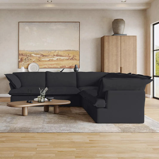 Premium Linen Cloud Sectional Couches | 5-Piece Linen Black Looks Good Anywhere V-Shaped Sectionals 5-seaters