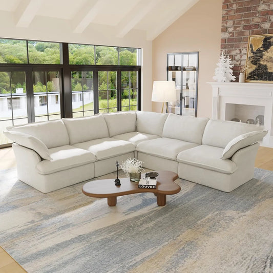 Premium Linen Cloud Sectional Couches | 5-Piece Linen White Hidden Storage Box V-Shaped Sectionals 5-seaters