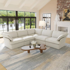 Premium Linen Cloud Sectional Couches | 5-Piece Linen White Hidden Storage Box V-Shaped Sectionals 5-seaters
