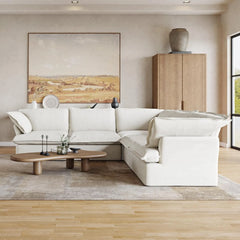 Premium Linen Cloud Sectional Couches | 5-Piece Linen White Hidden Storage Box V-Shaped Sectionals 5-seaters
